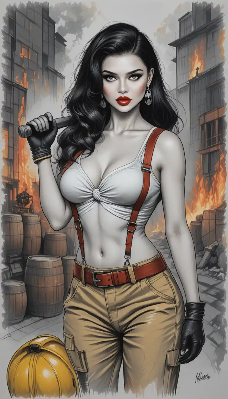 Pin up woman firefighter holding axe in burning warehouse