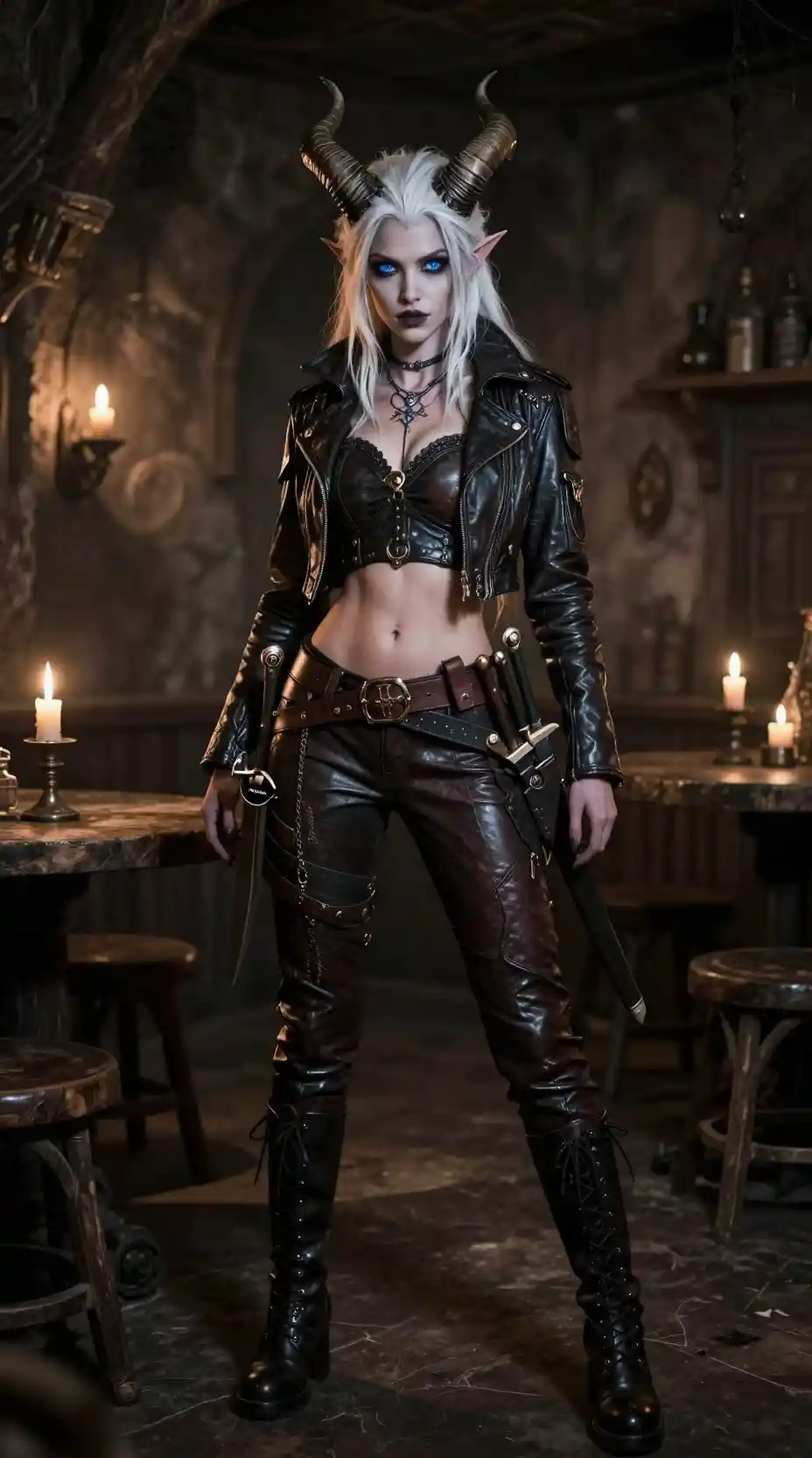 White haired tiefling woman in leather in a candlelit tavern