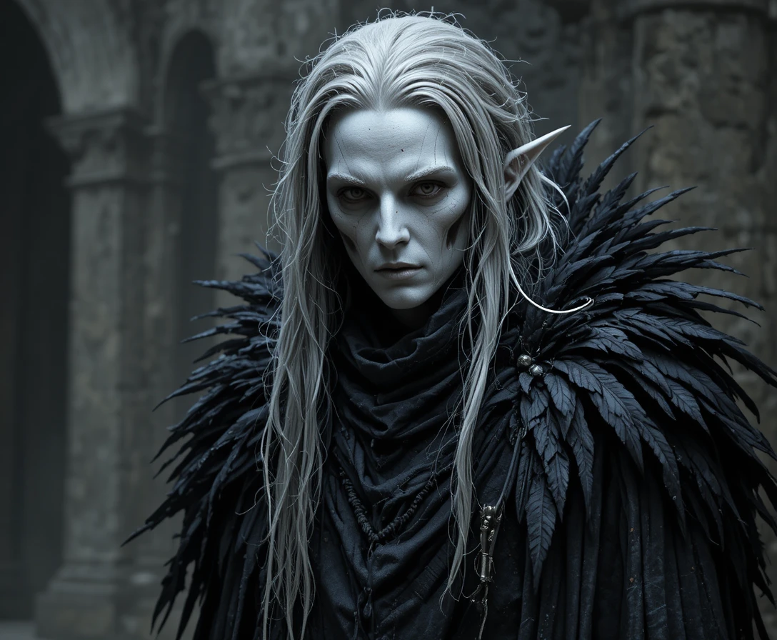 Masked elven warlock in tattered black coat with raven mantle