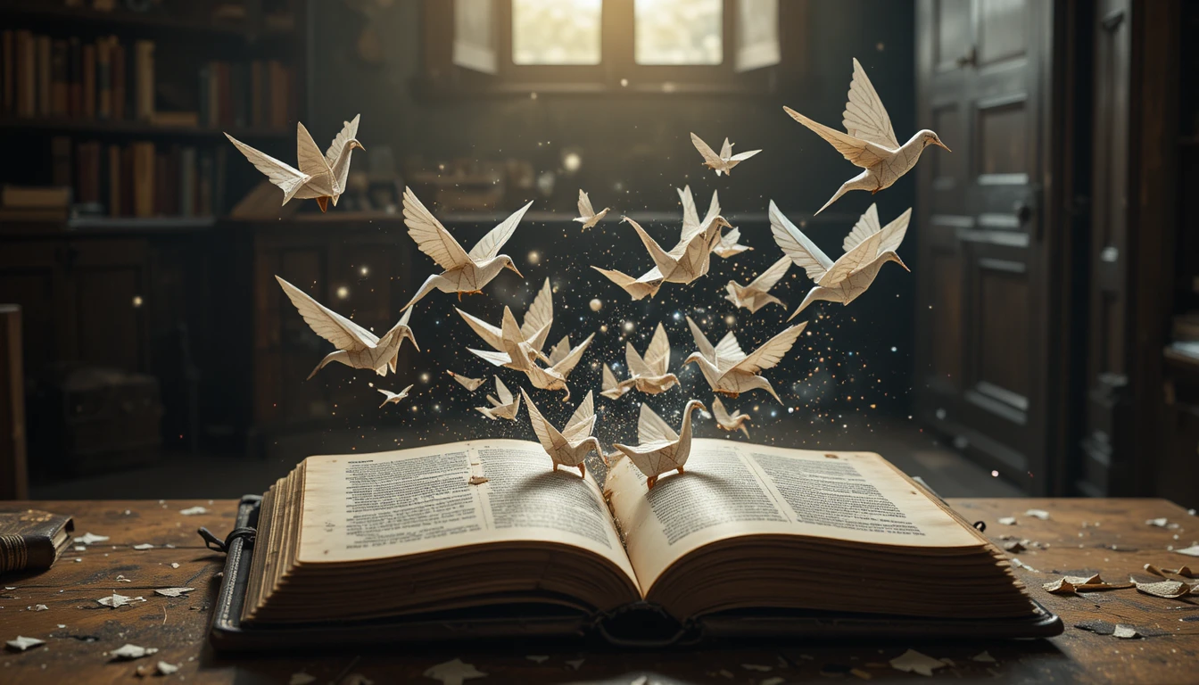 Origami cranes transforming into swallows above an old book