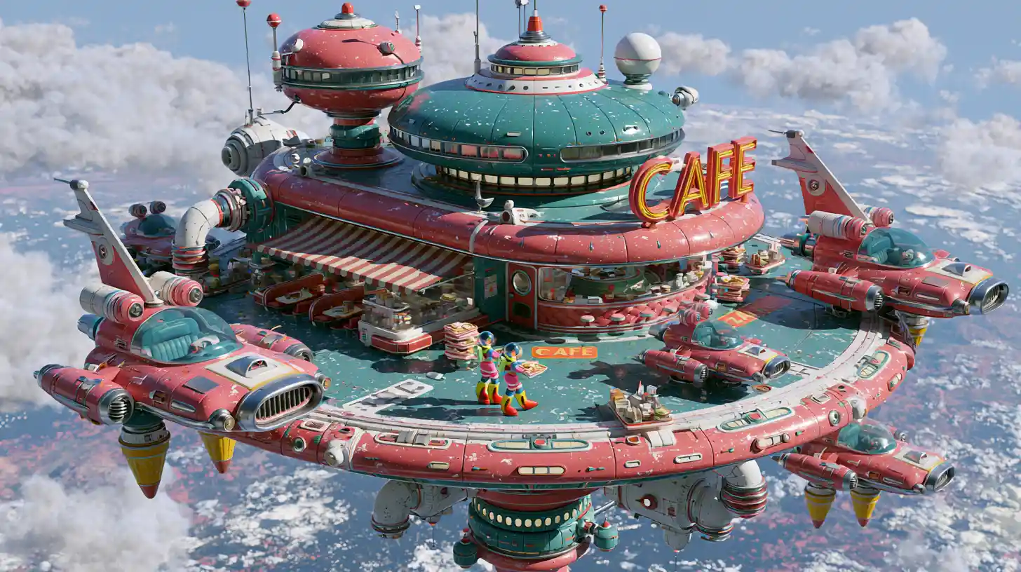 Retro futuristic space cafe on an orbital platform