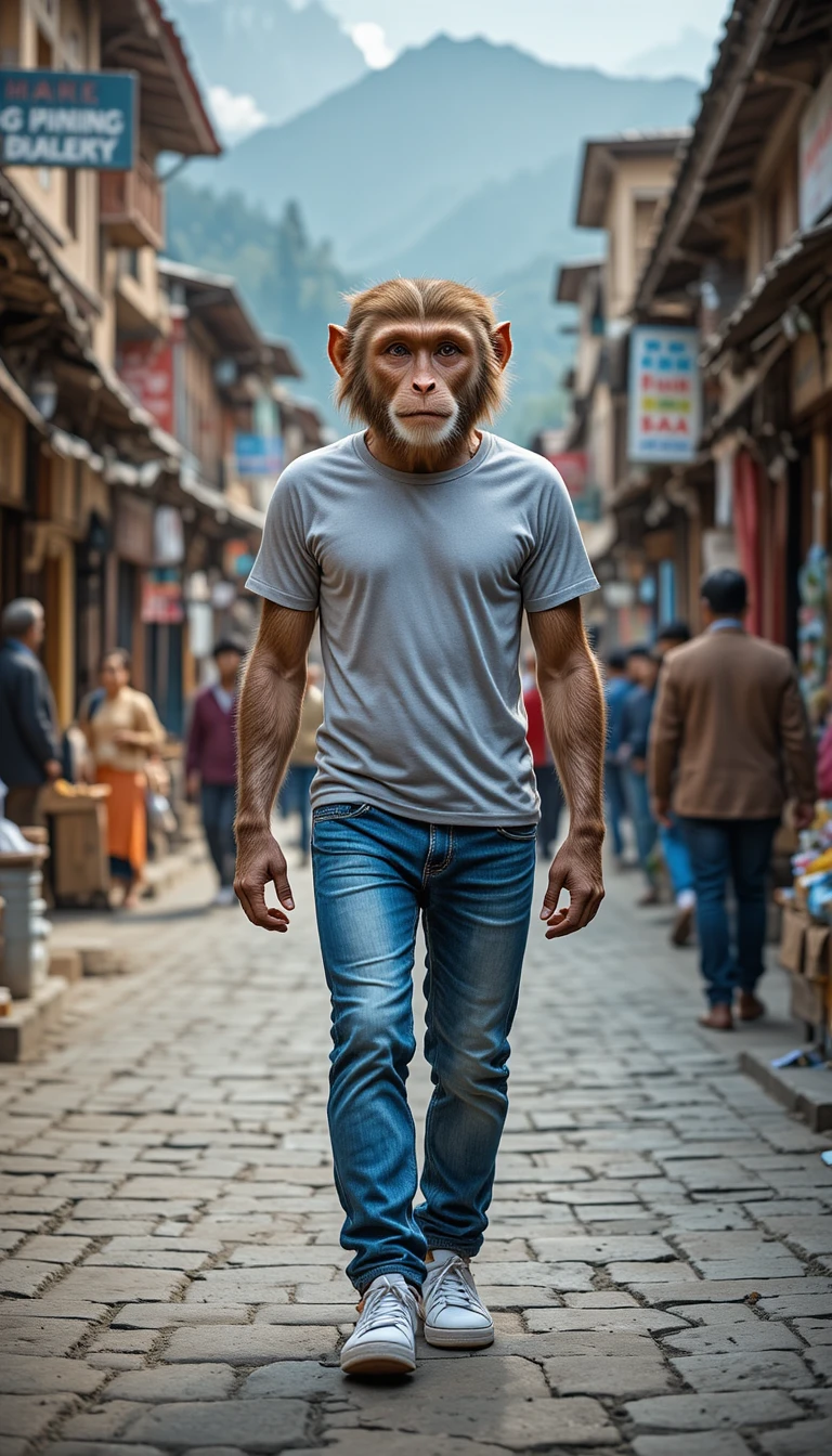Anthropomorphic Monkey Walking Through Kashmiri Street Market
