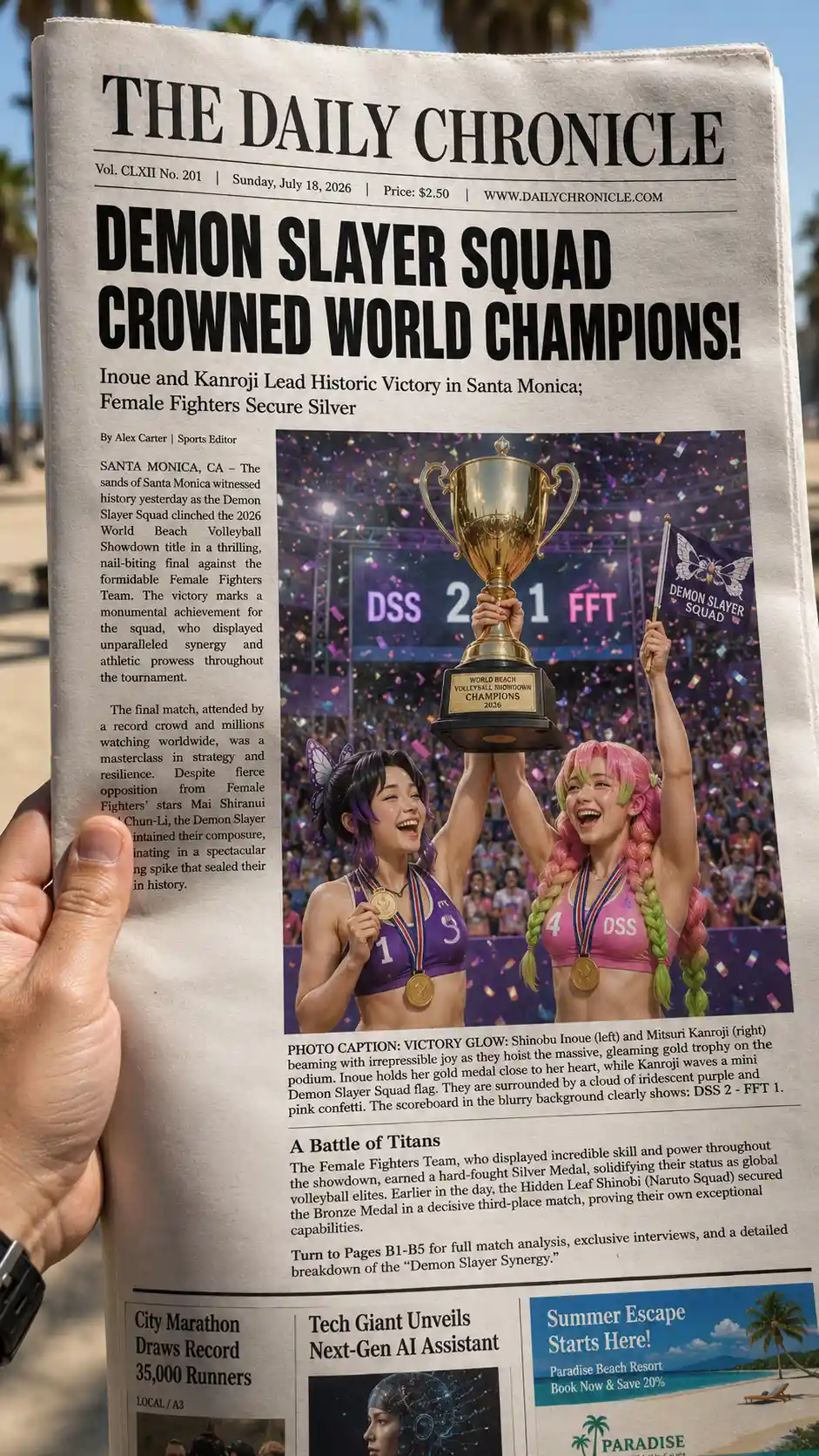 Mano che tiene un giornale fresco con audace prima pagina sportiva