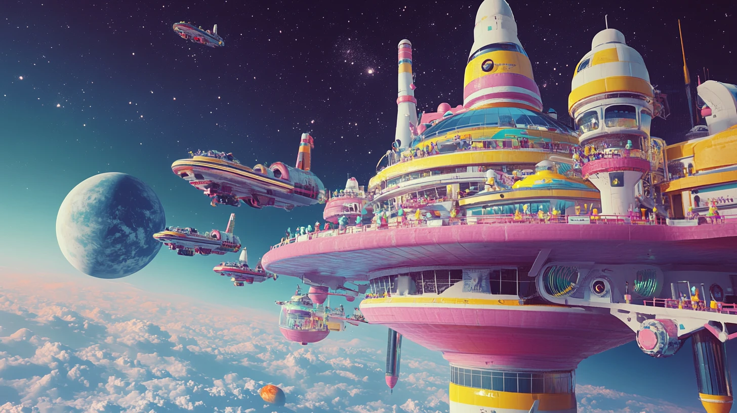 Busy retro futuristic space cafe orbiting a distant planet