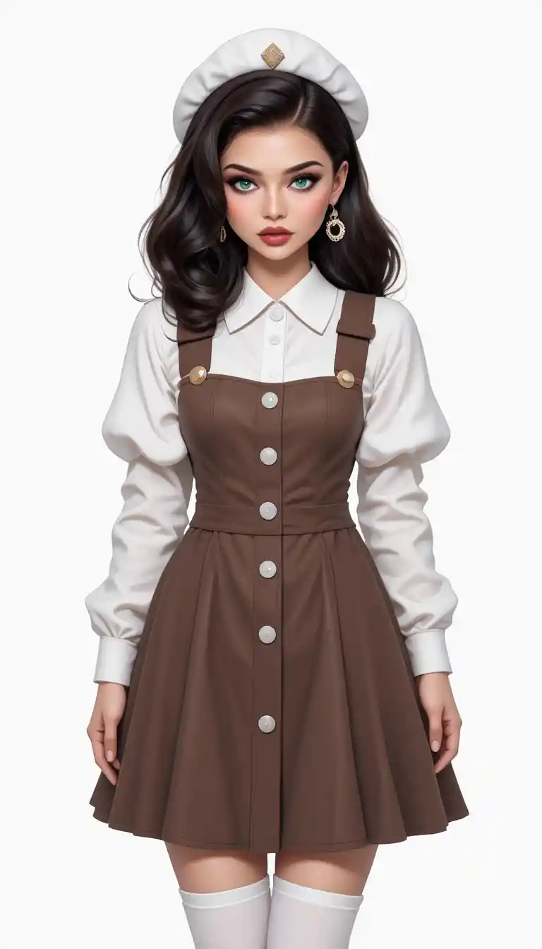 Anime girl in beret and pinafore full body studio portrait