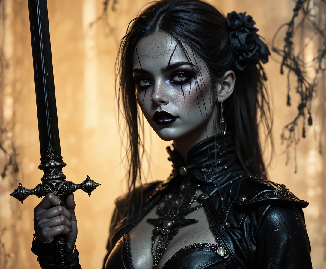Undead goth rogue woman with dagger in dark tones