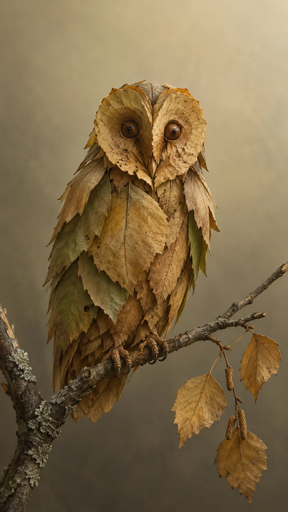 Owl Formed From Leaves On A Weathered Woodland Branch