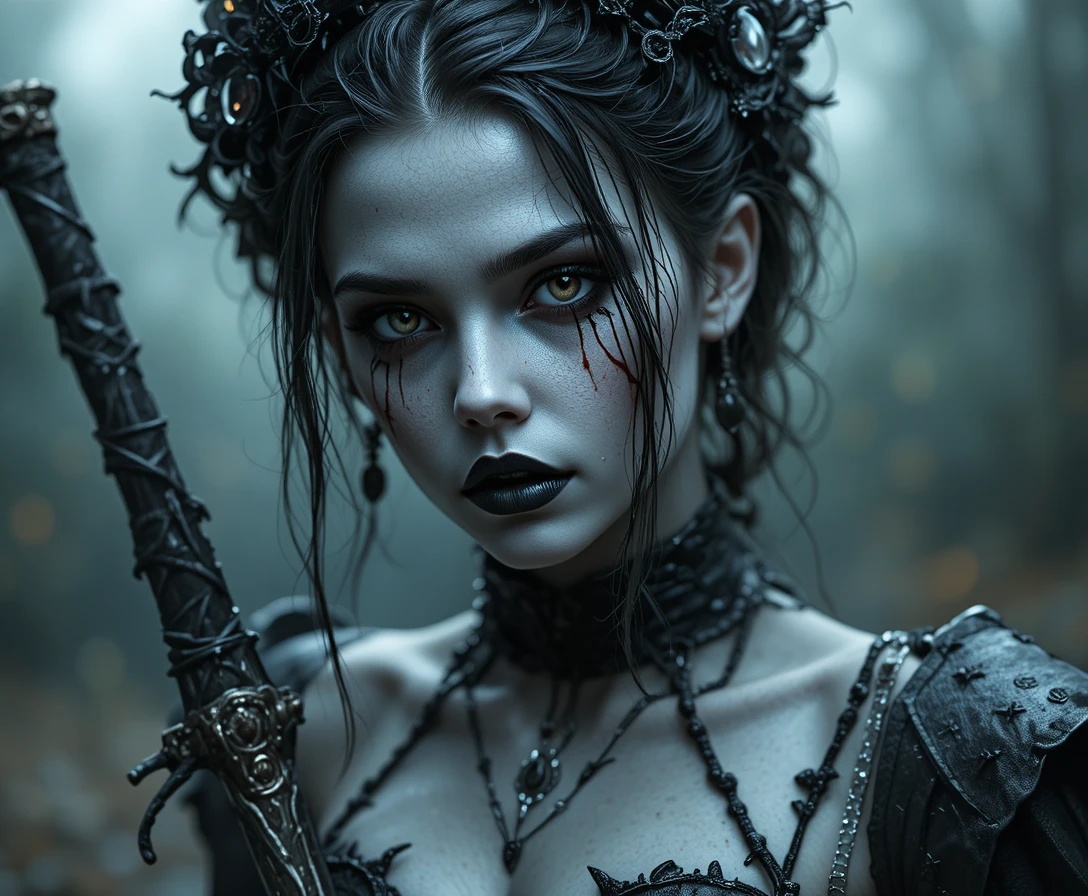 Undead goth rogue woman with dagger and stitched skin