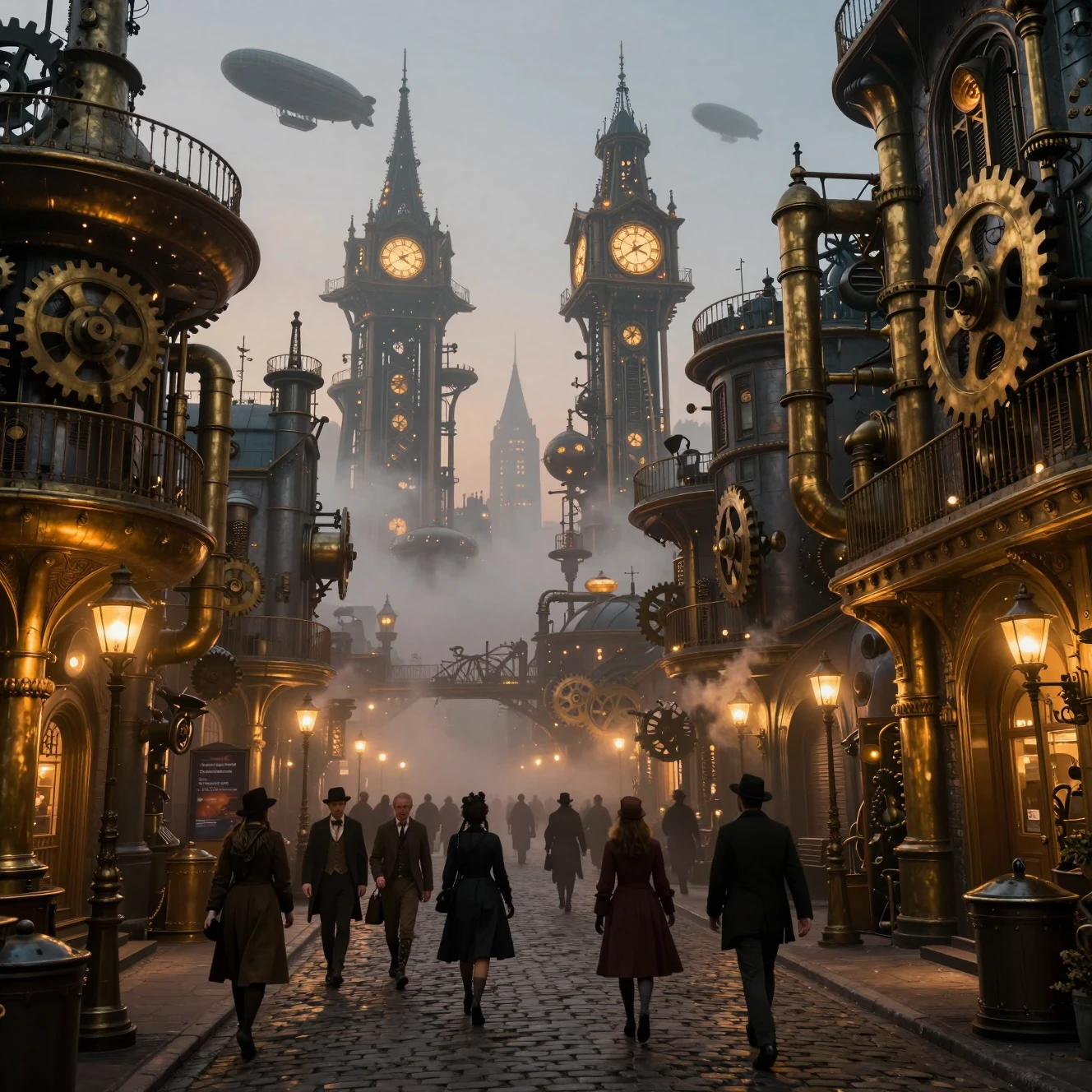 Rua de cidade steampunk ao crepúsculo com lampiões a gás brilhando