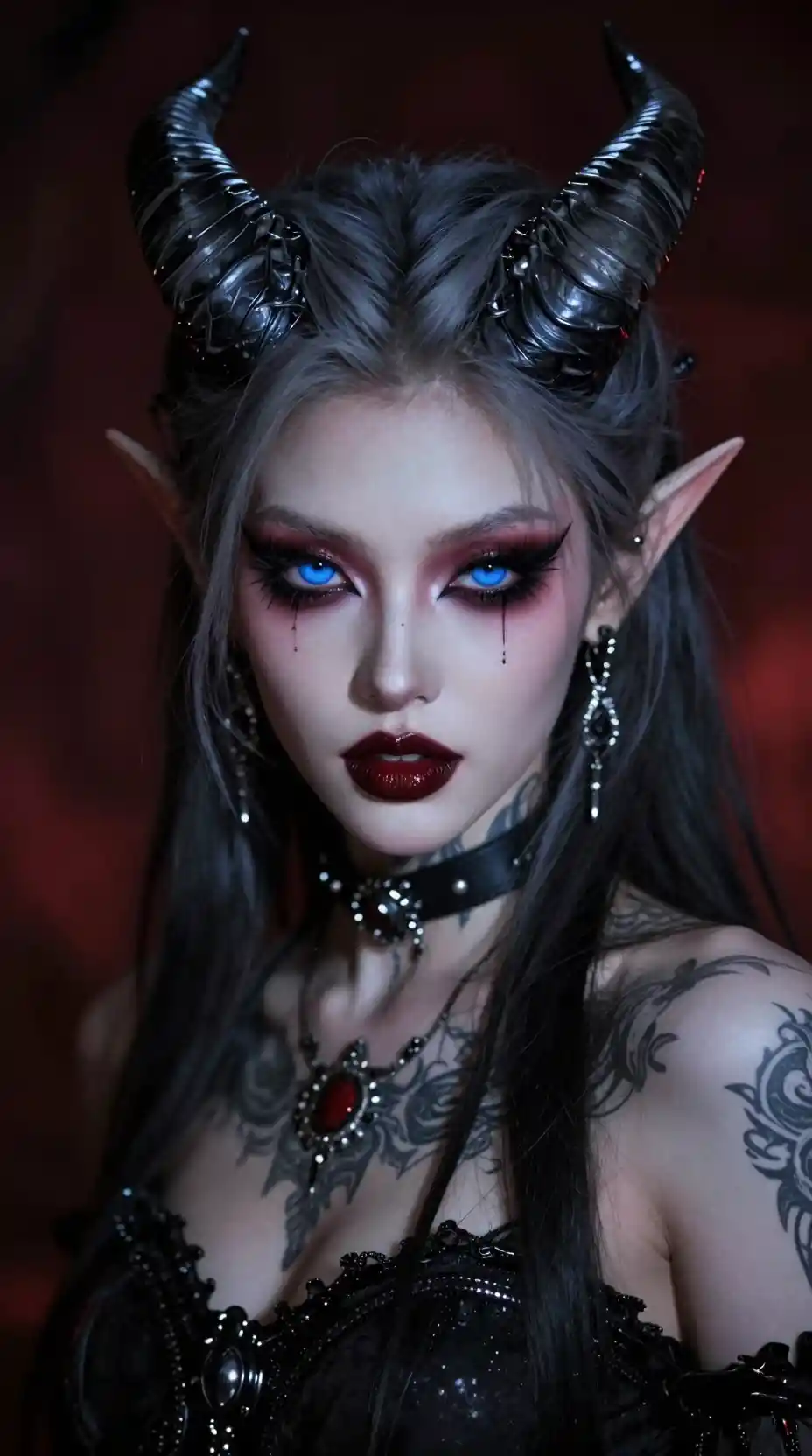 Intense pale tiefling woman with glowing blue eyes
