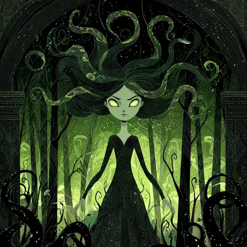 Surreal green ink Medusa woman in an enchanted forest