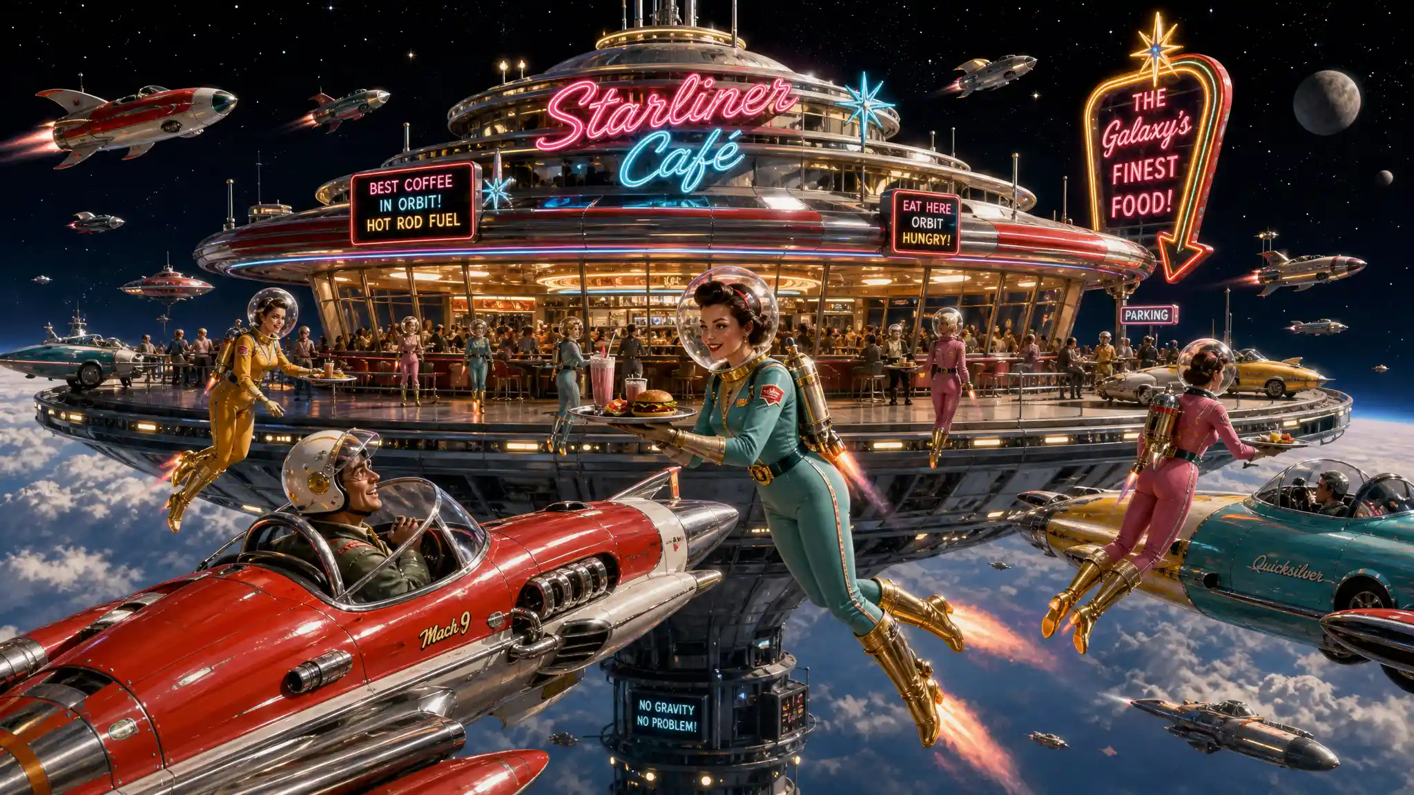 Busy retro space cafe on an orbital platform