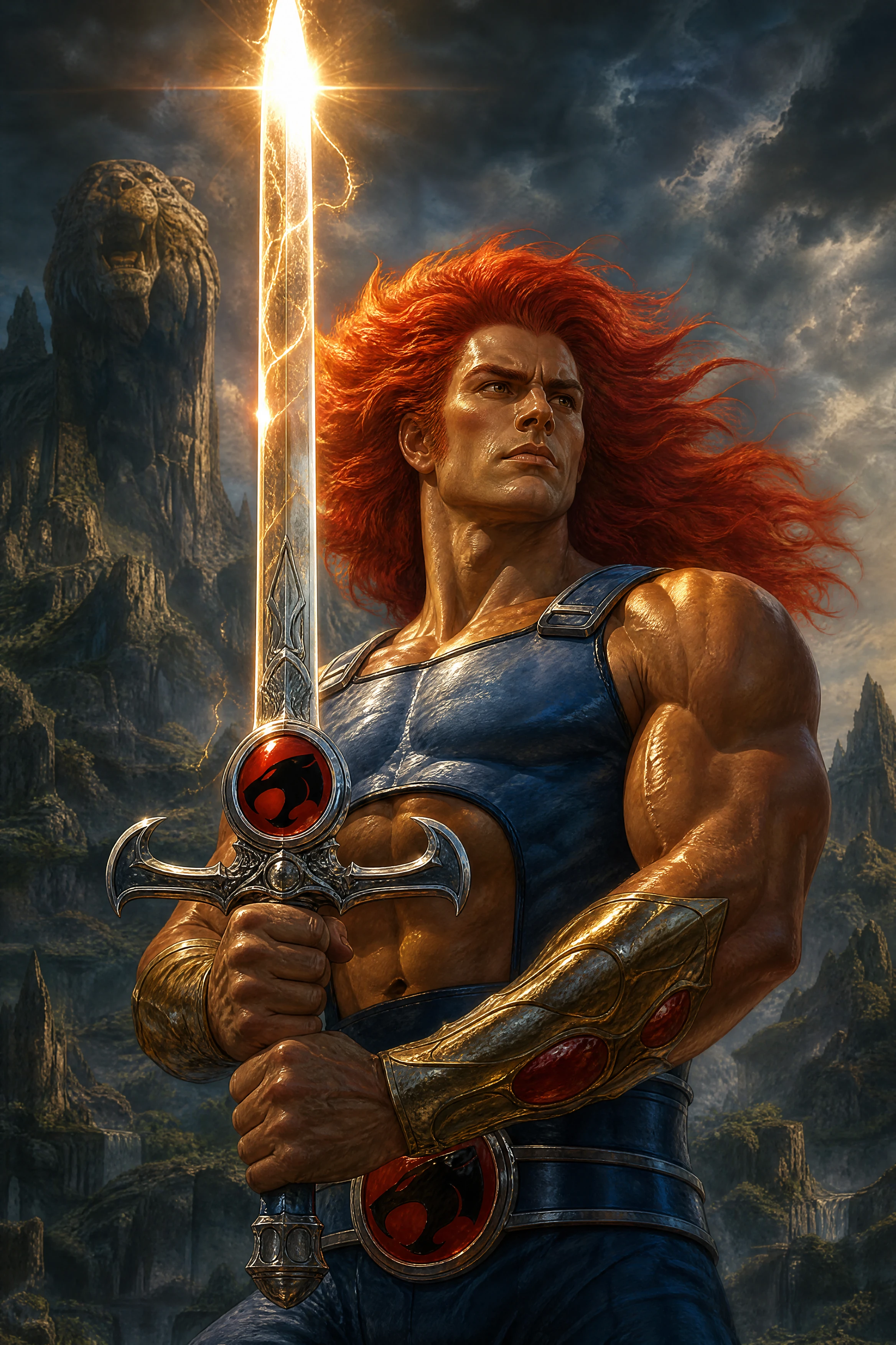 Heroic fantasy warrior raising a glowing mystical sword