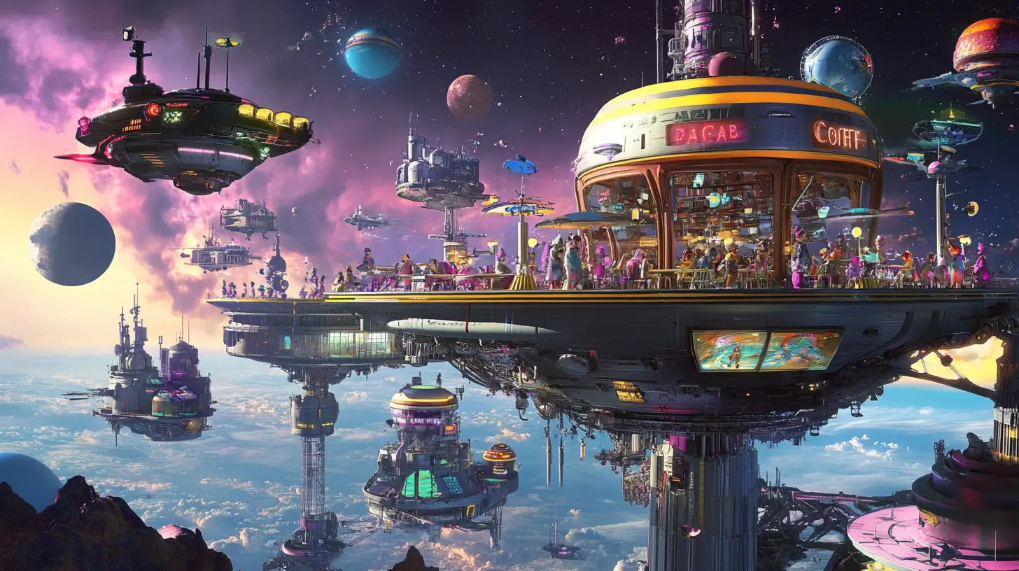 Busy retro futuristic space cafe in high planetary orbit