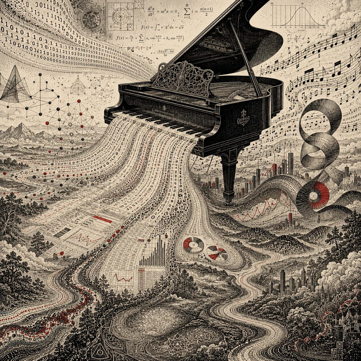 Pianoforte a Coda Sospeso su un Infinito Paesaggio Surreale di Dati