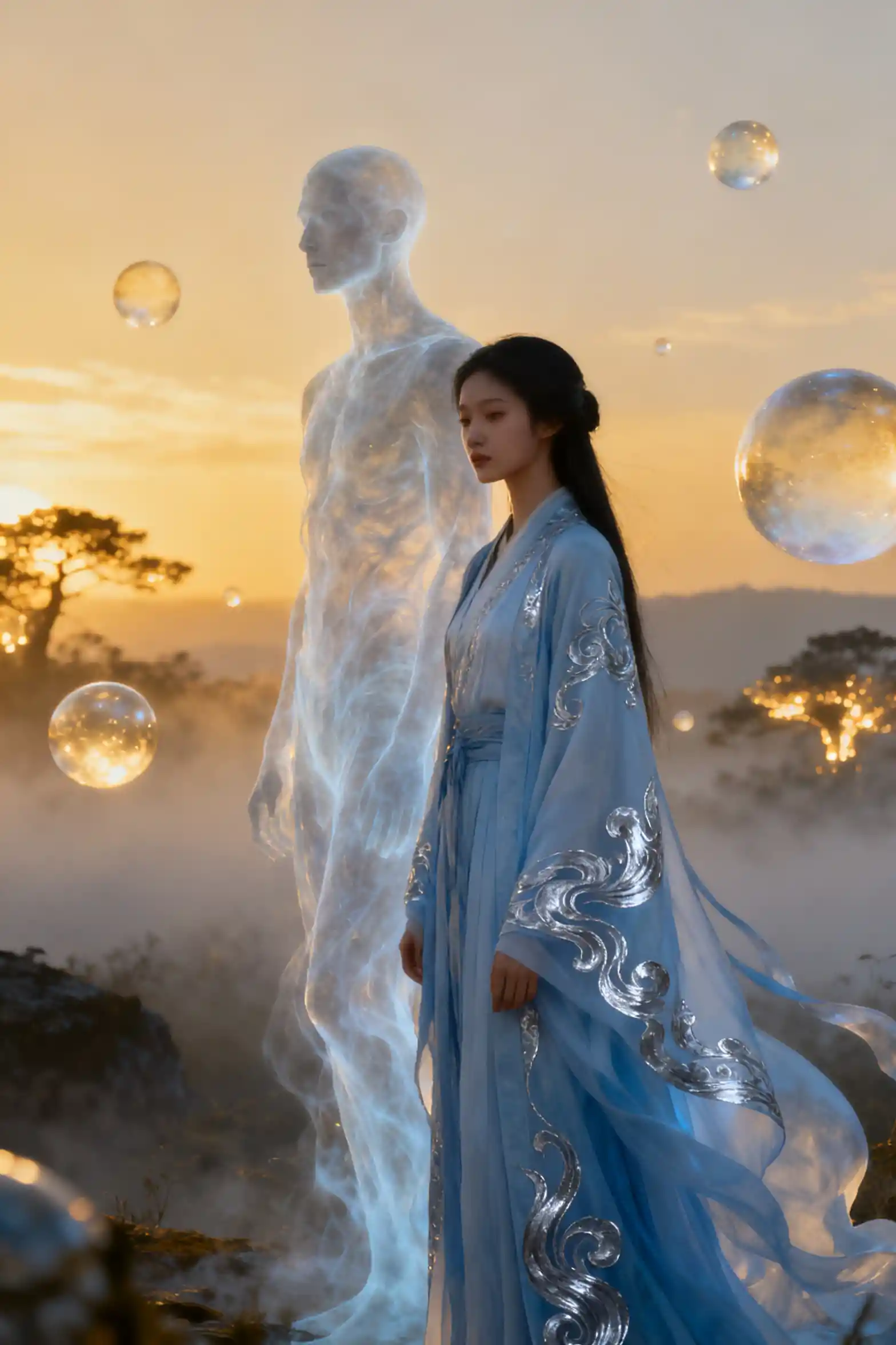 Ethereal woman and ghostly figure in misty dusk landscape
