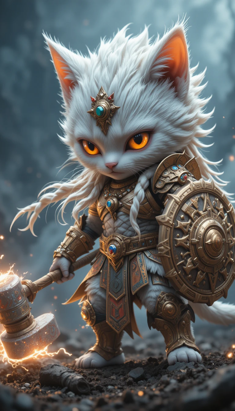 Chibi feline warrior with lightning hammer in stormy battle