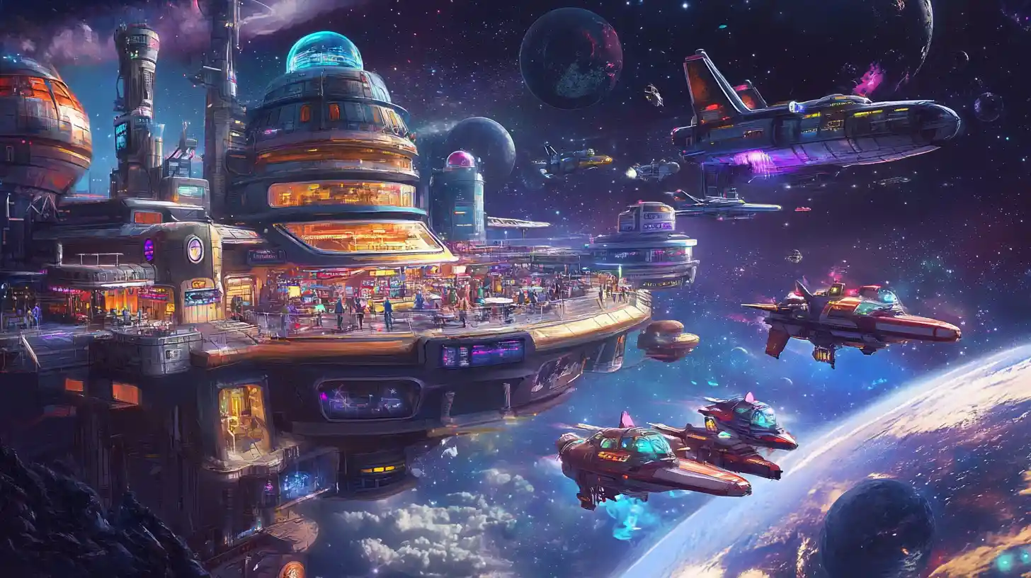 Busy retro futuristic space cafe above a distant planet