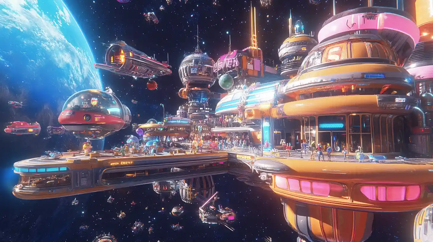 Busy retro space cafe orbiting high above a distant planet