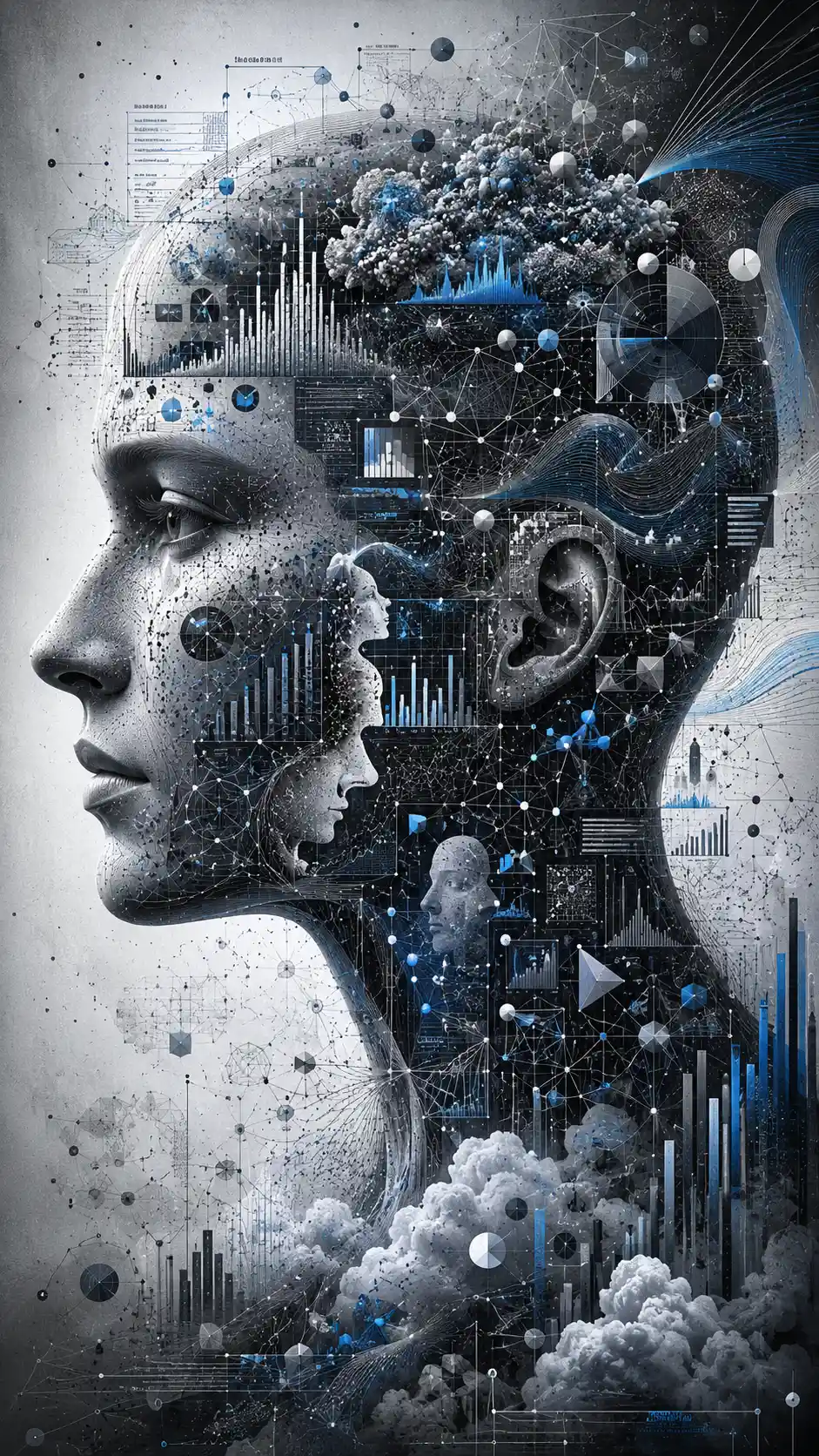 Human profile formed from complex analytic charts and graphs