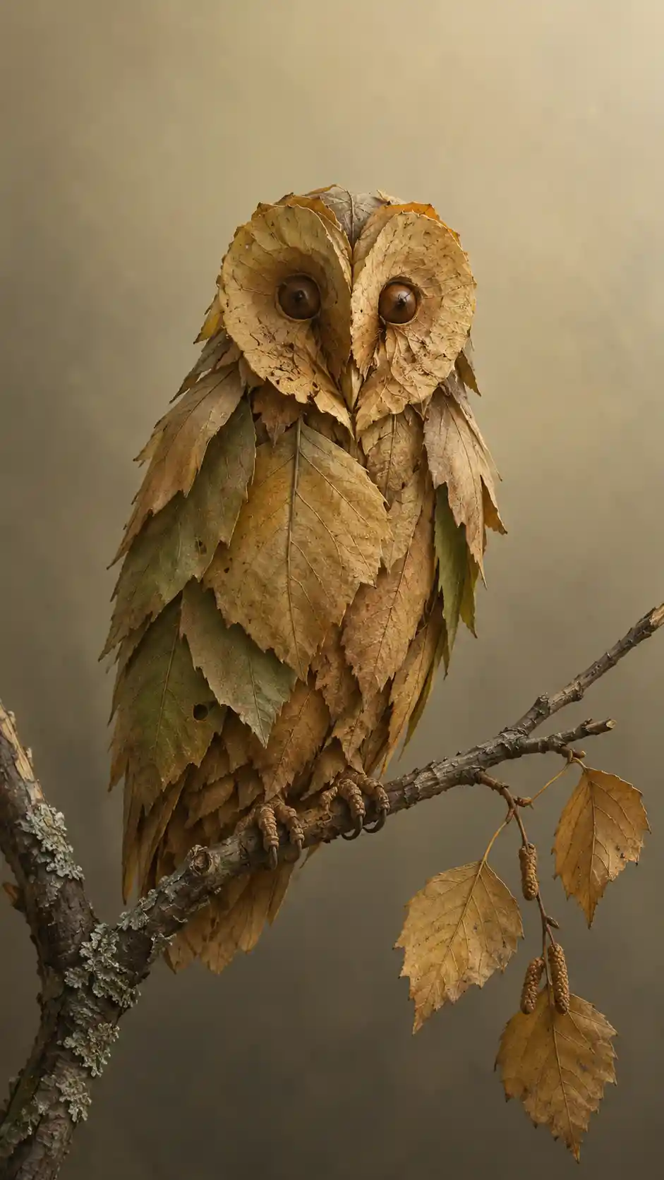Owl Formed From Leaves On A Weathered Woodland Branch