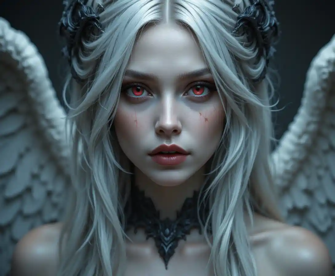Haunting fallen angel woman with red hair and glowing eyes