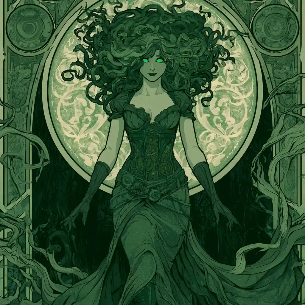Surreal ink Medusa woman walking in enchanted forest