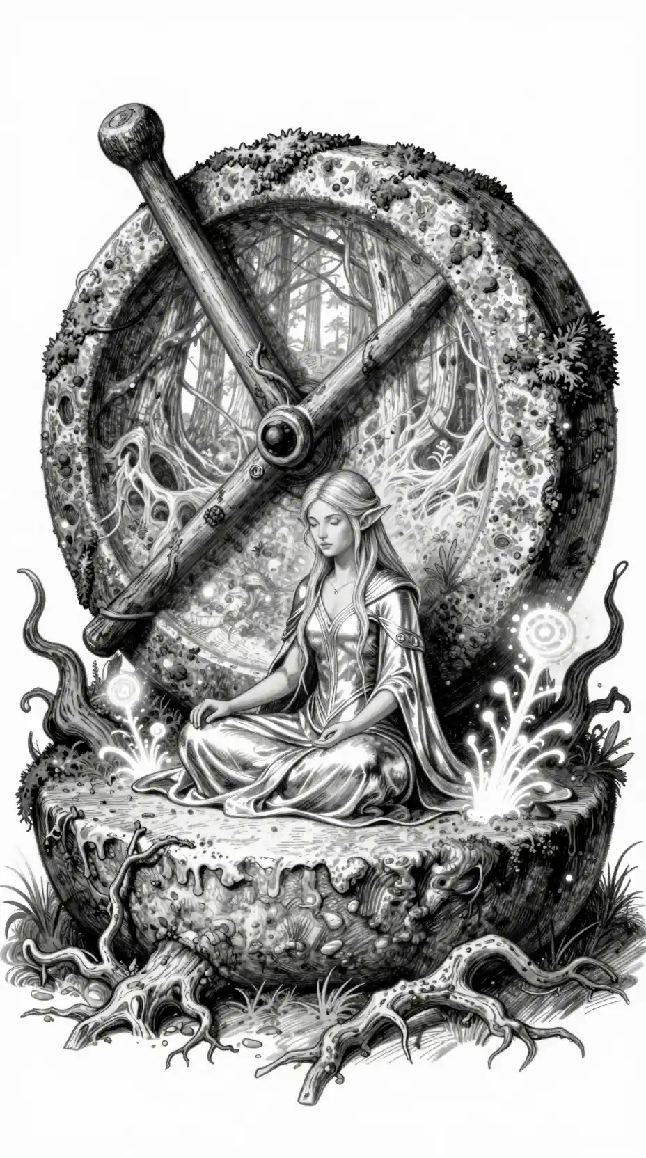 Elf meditating on ancient quern stone in enchanted forest