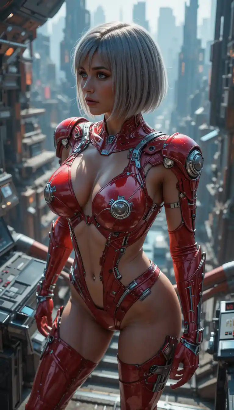 Gepanzerte Sci-Fi-Frau im roten Anzug auf futuristischem Balkon