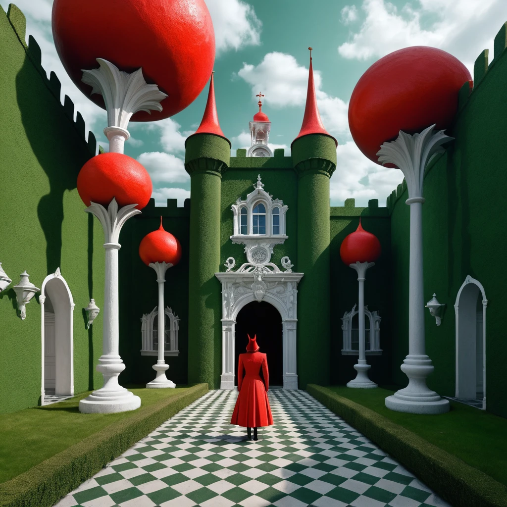 Surreal red domed castle rising over a vast stone courtyard