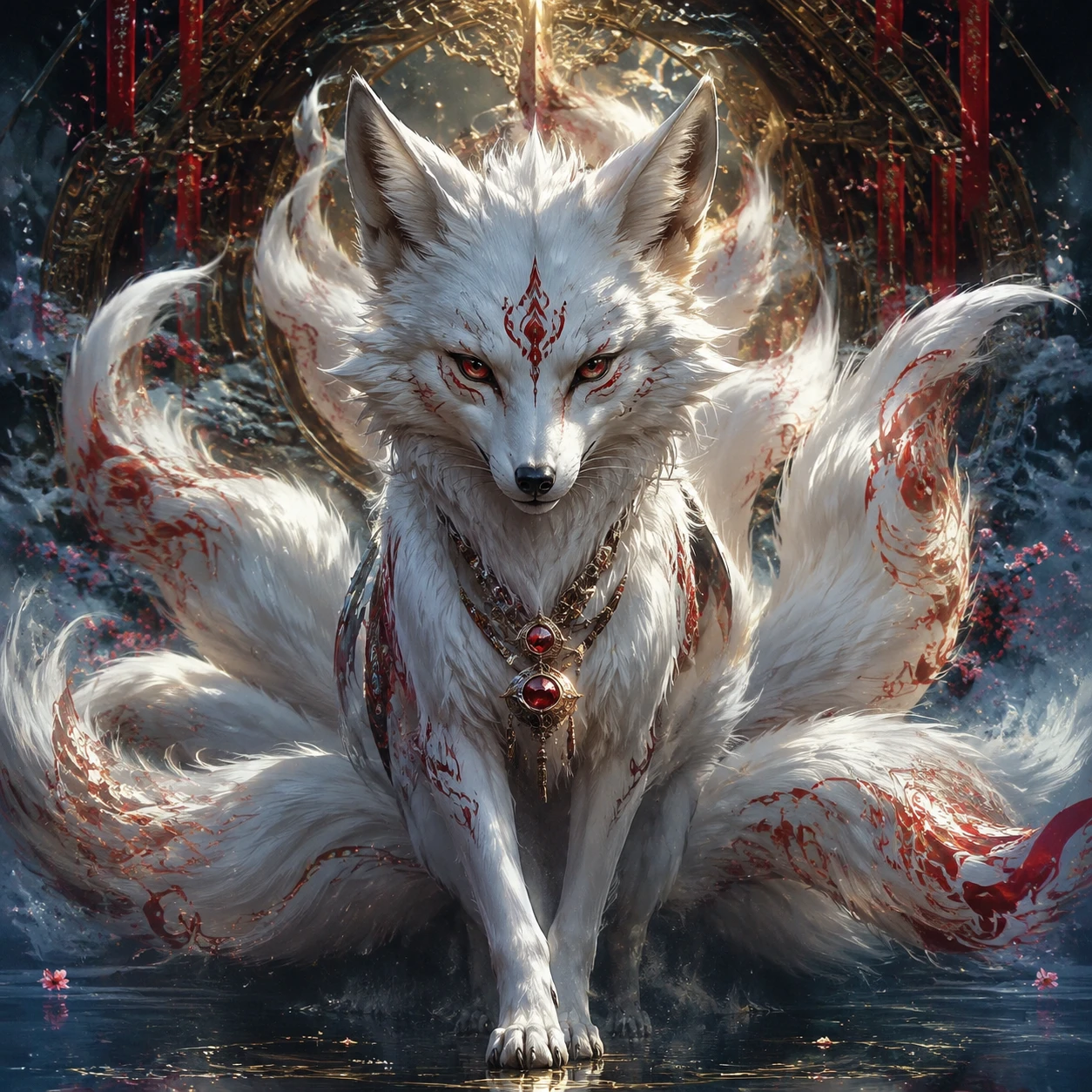 White fox spirit facing the viewer in cinematic fantasy