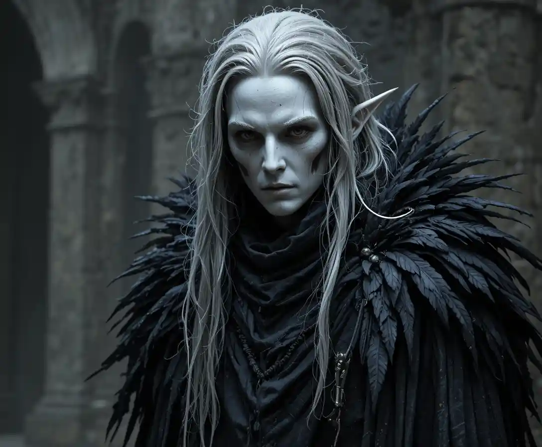 Masked elven warlock in tattered black coat with raven mantle