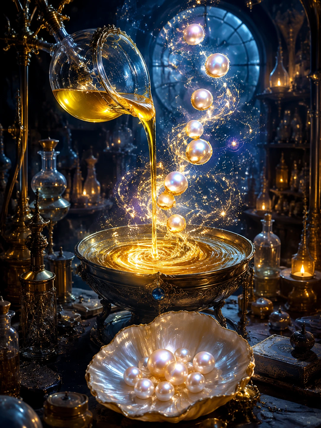 Liquid gold transforming into luminous pearls in alchemy lab