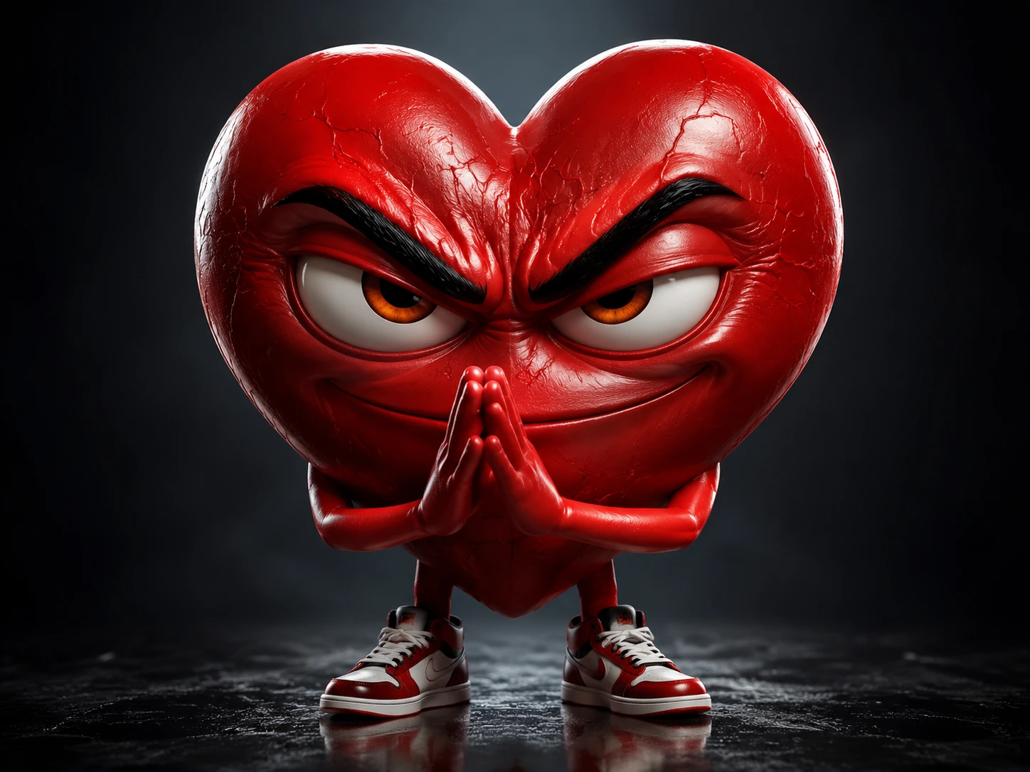 Playful 3D heart character with a mischievous plotting stare