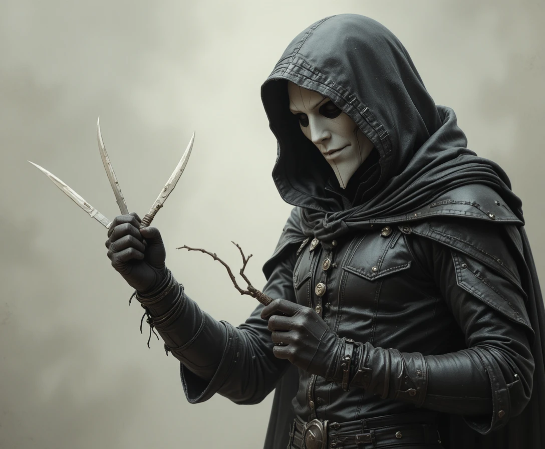 Masked elven rogue with throwing knives in dark fantasy