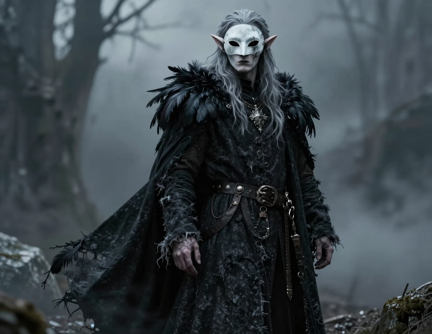 Masked elf warlock in tattered coat with raven feathers