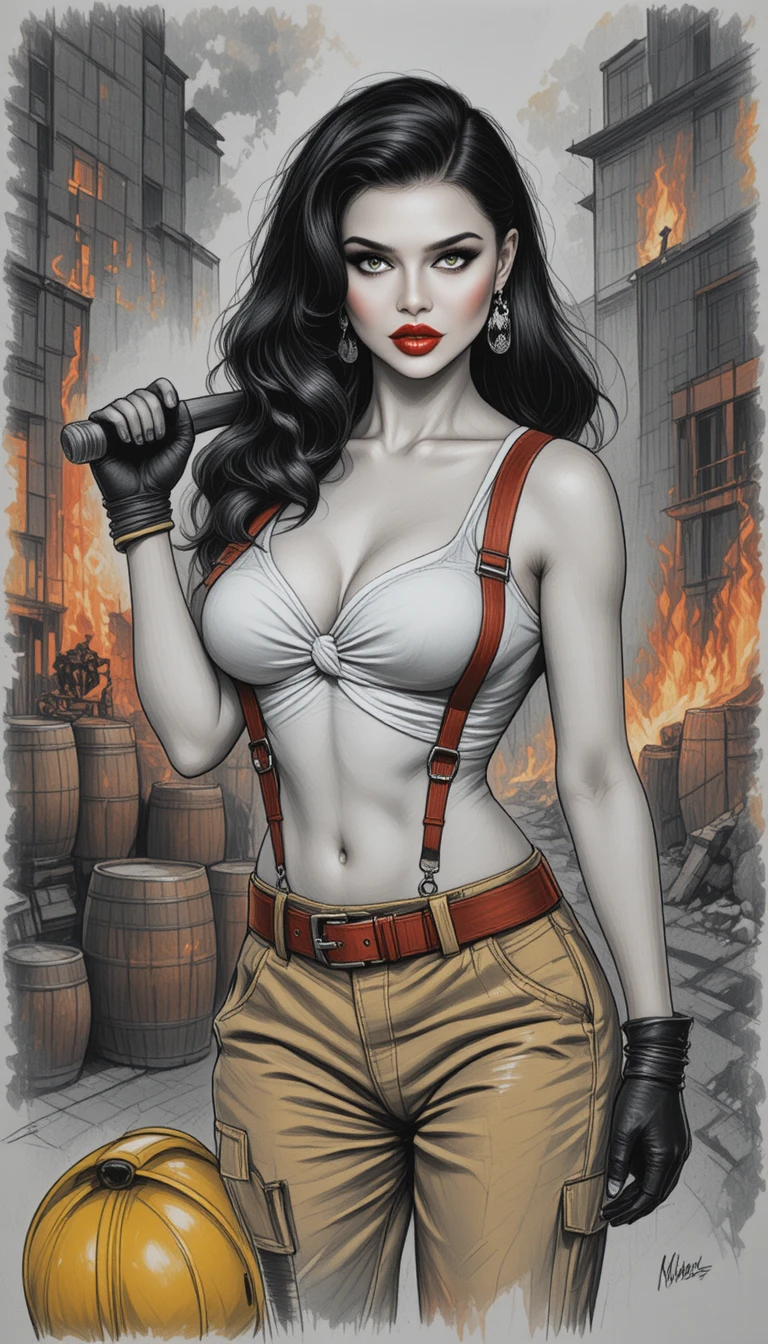 Pin up woman firefighter holding axe in burning warehouse