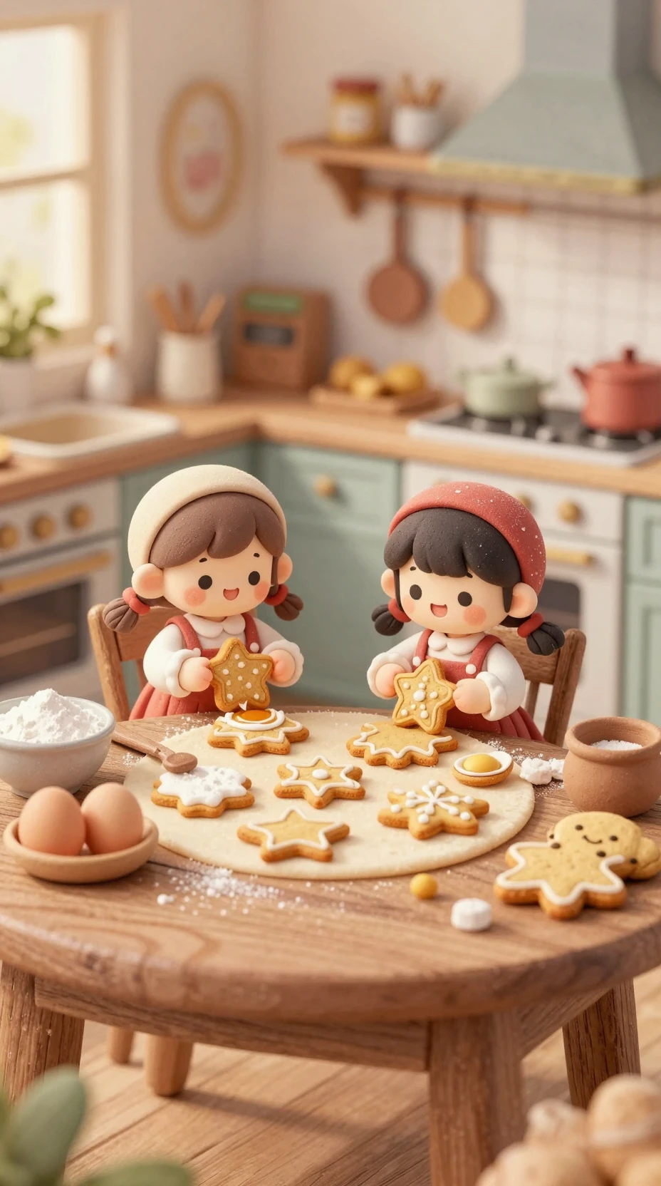Miniature girls baking gingerbread in a cozy retro kitchen