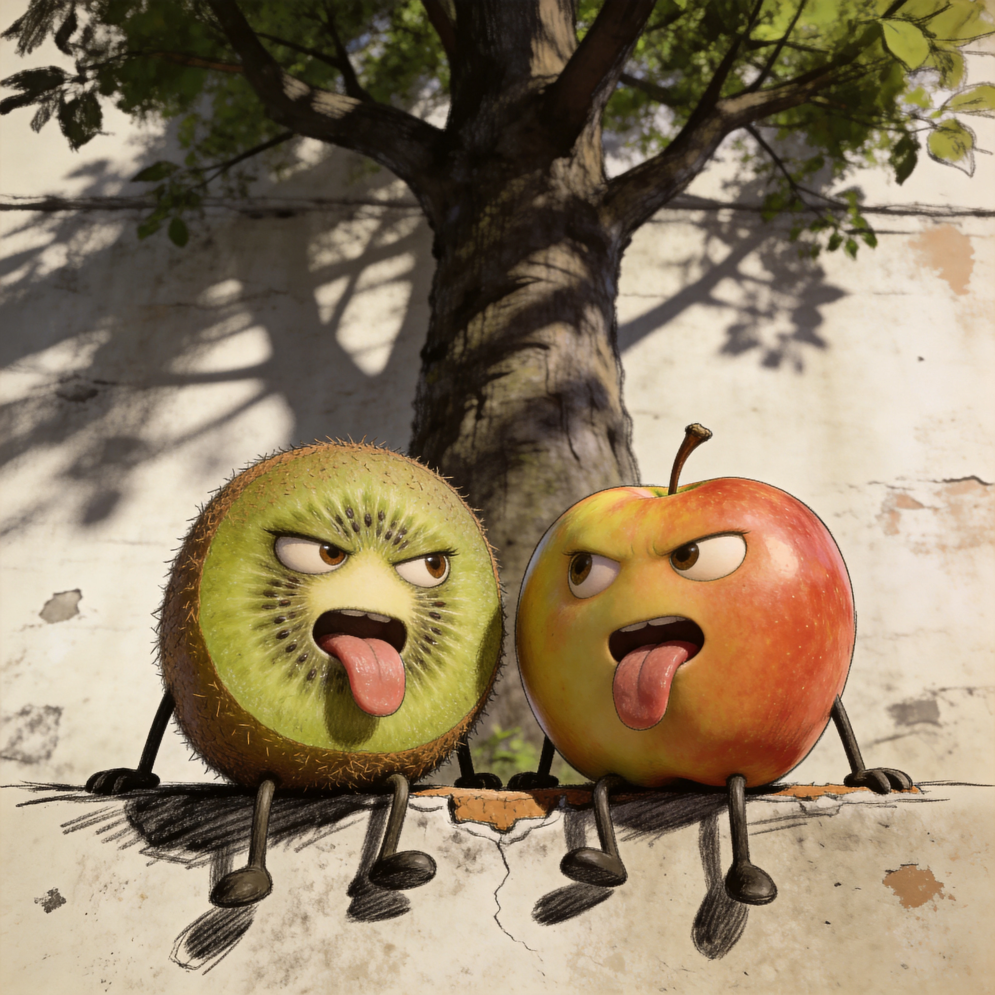 Playful kiwi and apple characters on a small wall