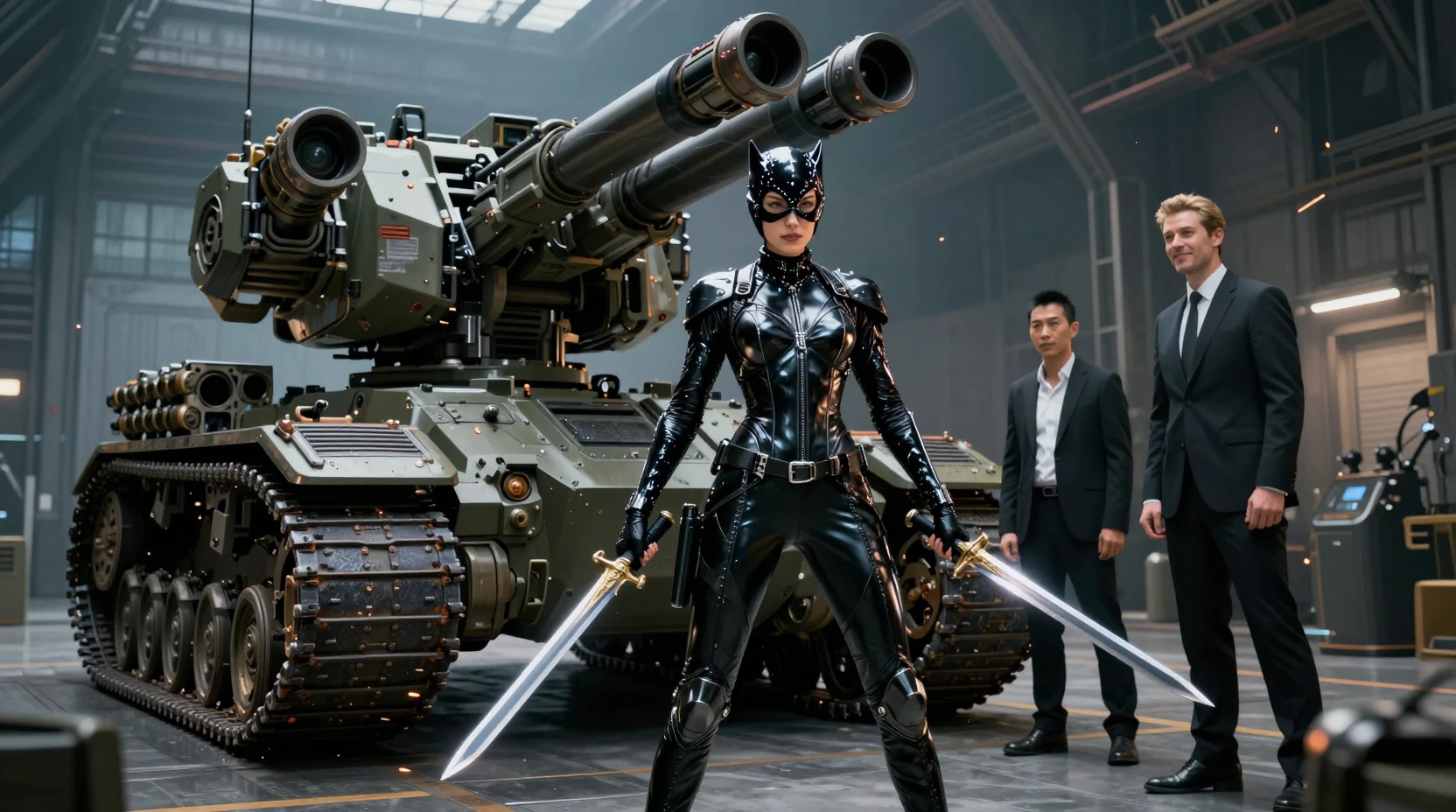 Armored female warrior in underground military test hangar