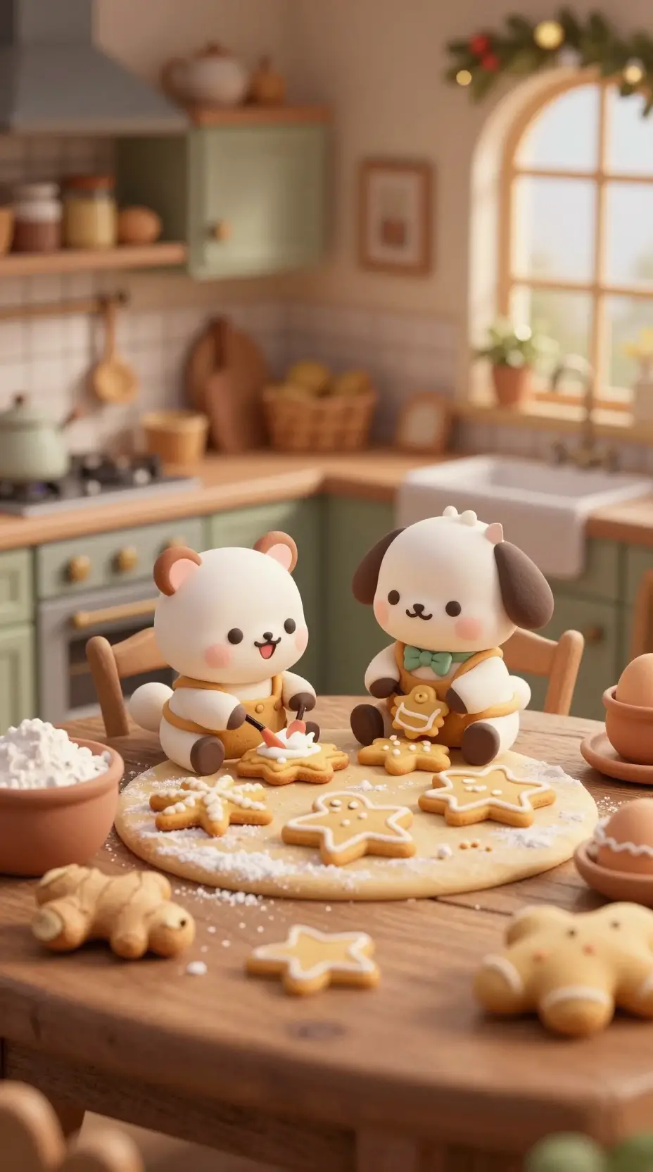 Miniature figures baking gingerbread cookies in cozy retro kitchen