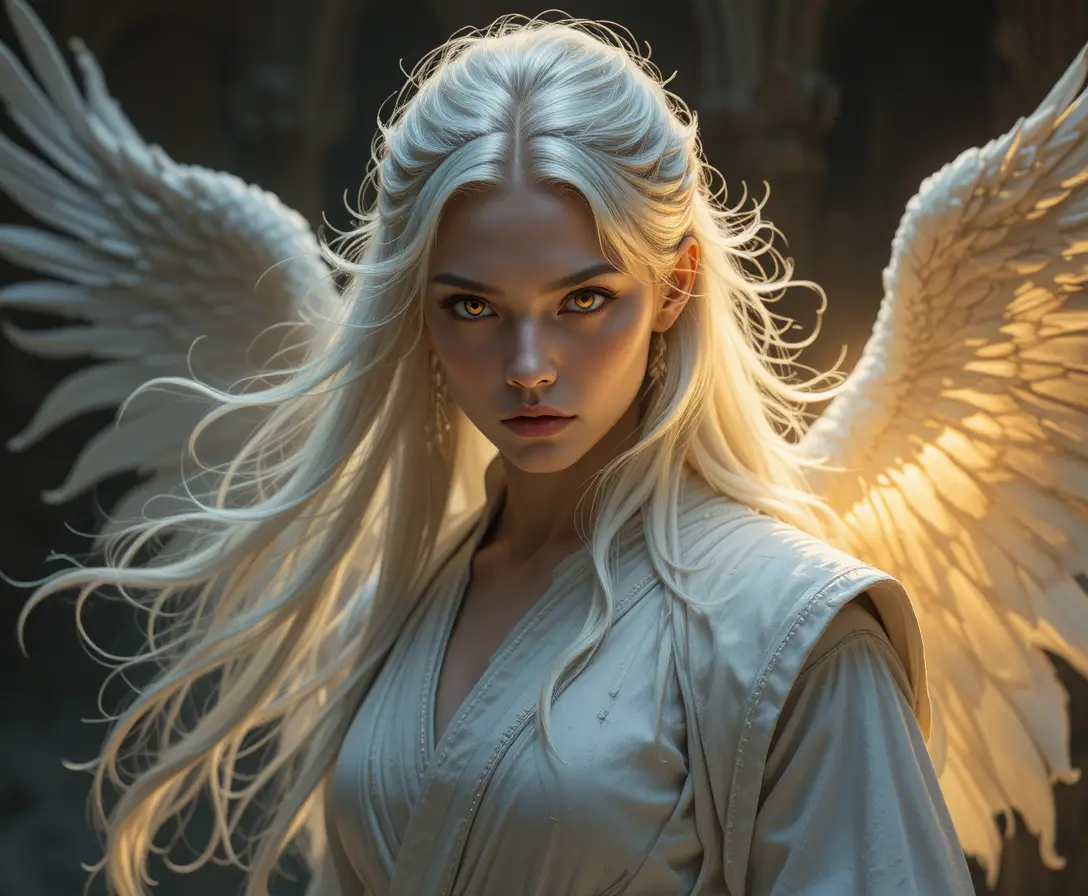Platinum haired sun goddess monk with golden eyes