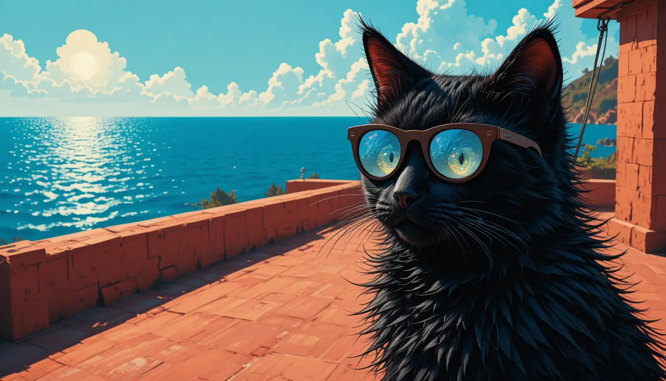 Black cat with sunglasses on a terrace by the sea