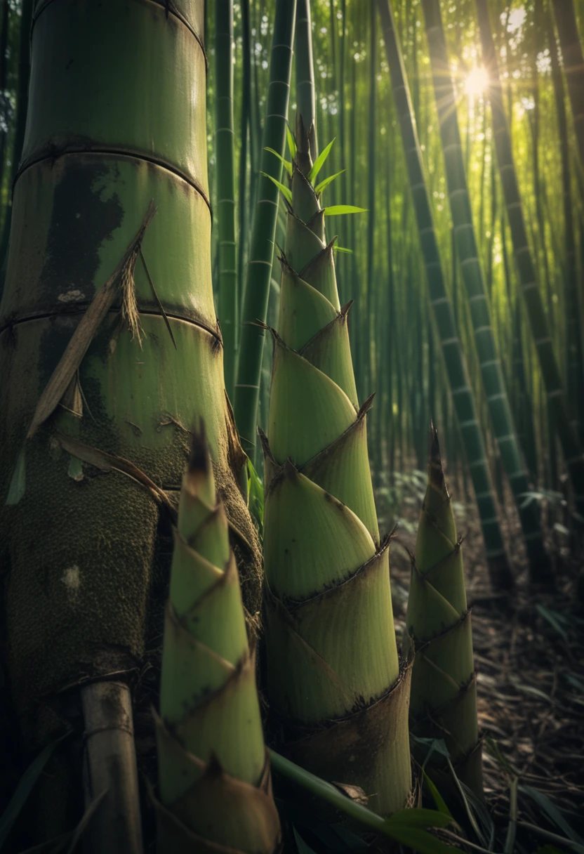 Close up of new bamboo shoots rising in soft sunlight