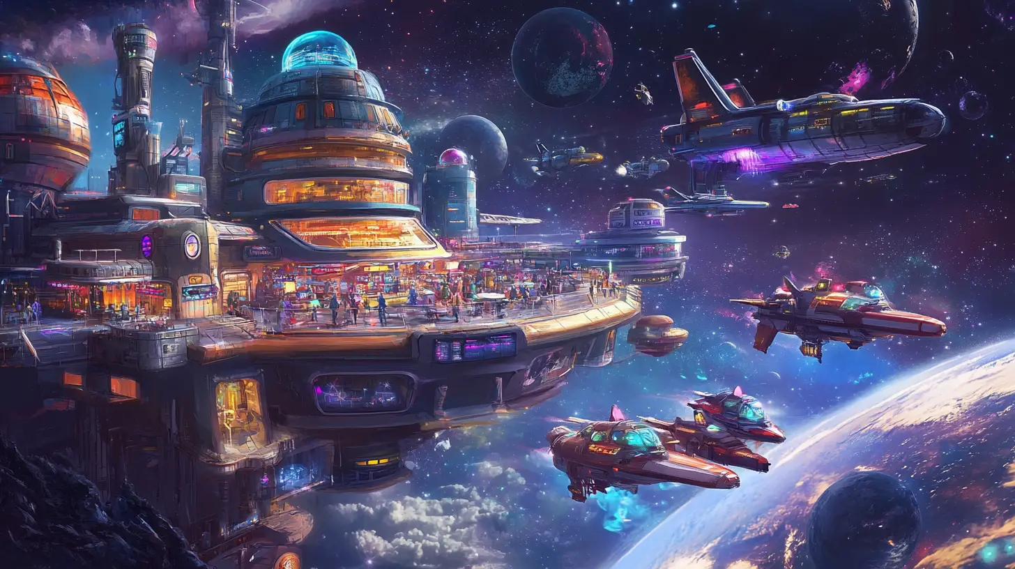Cafetería espacial retrofuturista y concurrida sobre un planeta lejano