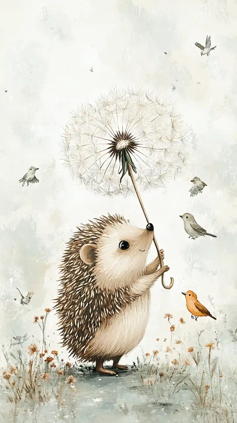 Little hedgehog walking with a giant dandelion in rain