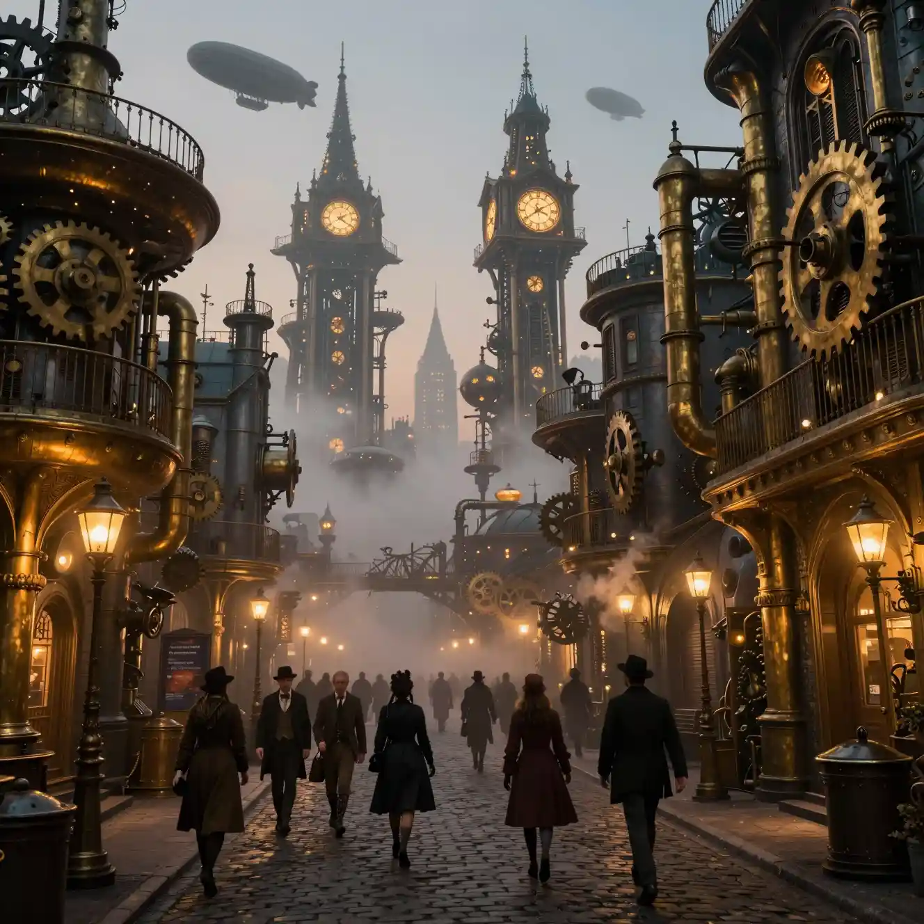 Steampunk city street at twilight with glowing gas lamps
