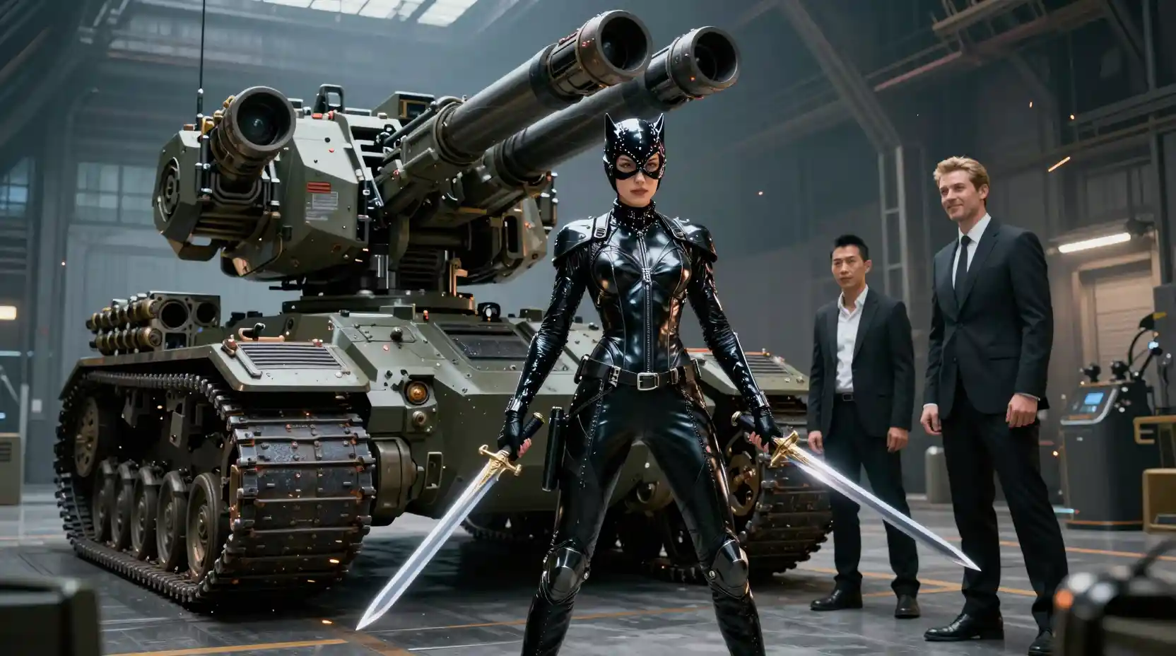 Armored female warrior in underground military test hangar