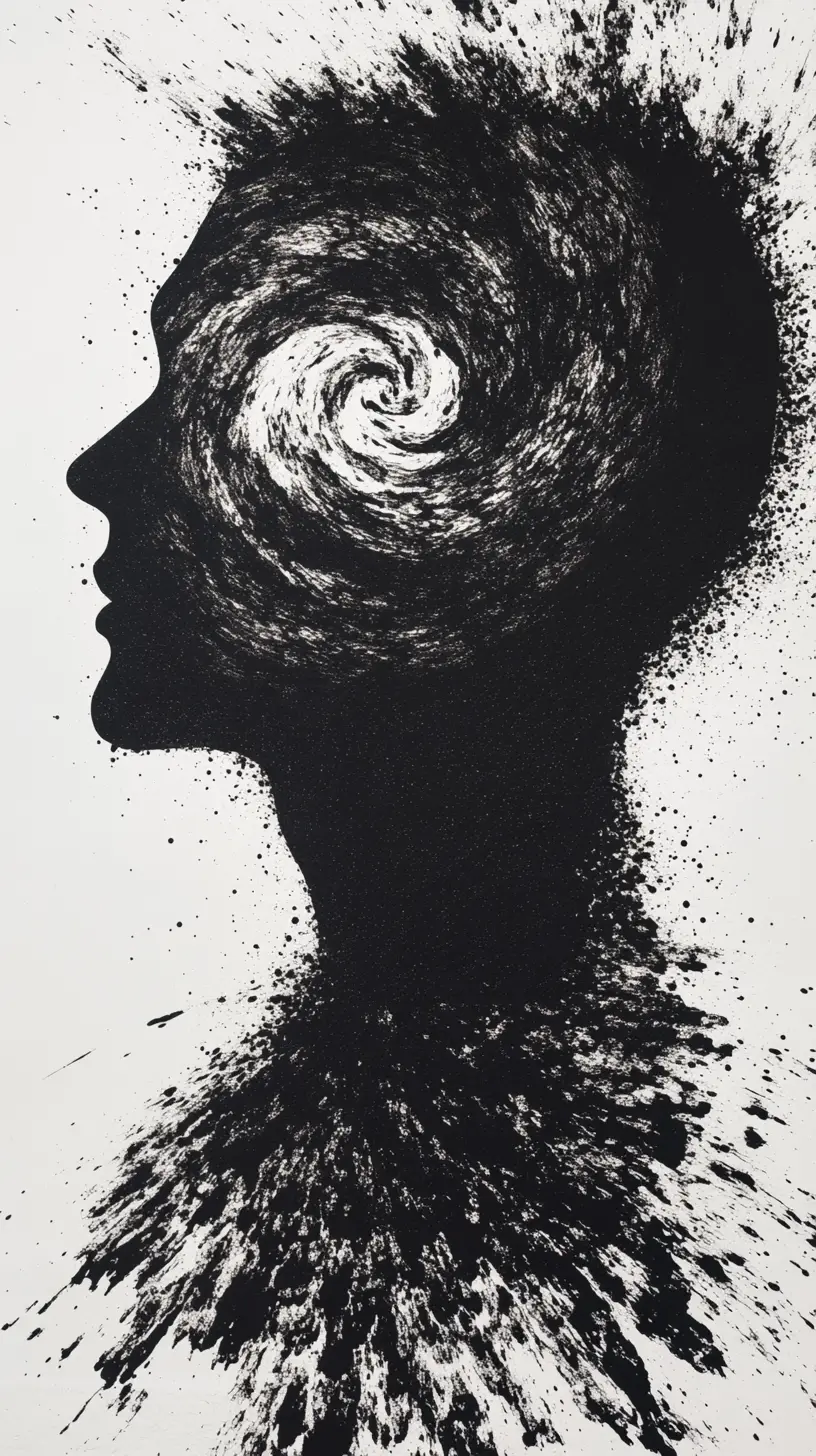 Human profile dissolving into black and white vortex ribbons