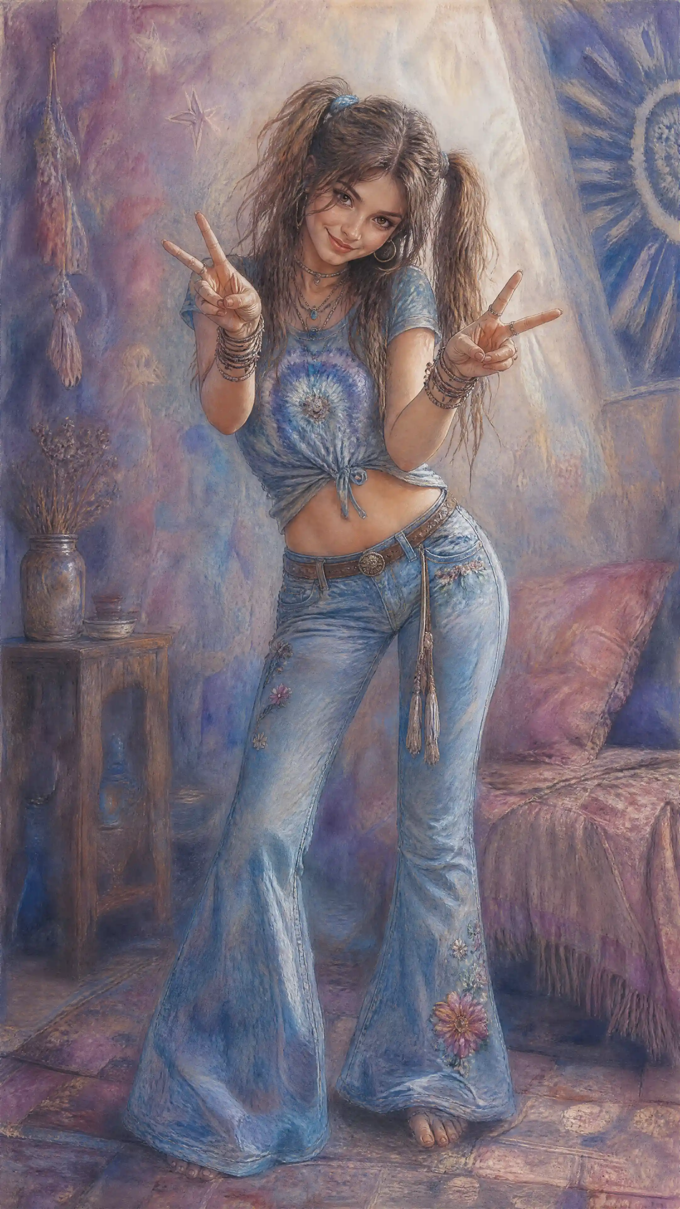 Playful vintage woman in pastel full body portrait
